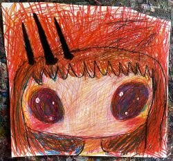 Rule 34 | 1girl, absurdres, blush, close-up, colored pencil (medium), hair ornament, hairclip, highres, looking at viewer, no mouth, no nose, original, portrait, red eyes, red hair, red theme, satomi kazunori, solo, traditional media