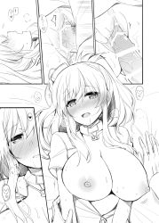 Rule 34 | 1boy, 1girl, admiral (kancolle), bar censor, bed, blush, bottomless, breasts, censored, comic, female pubic hair, greyscale, hair between eyes, hair ornament, happy sex, heart, hetero, highres, kantai collection, large breasts, long hair, long sleeves, lying, military, military uniform, monochrome, naval uniform, neckerchief, nipples, on bed, open clothes, penis, pubic hair, pussy, rui shi (rayze ray), saratoga (kancolle), sequential, sex, short sleeves, side ponytail, silent comic, spoken heart, sweatdrop, uniform, vaginal