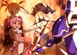 Rule 34 | 2girls, against wall, battle, bow (weapon), bun150, crack, crossover, kaname madoka, kneehighs, lyrical nanoha, mahou shoujo lyrical nanoha, mahou shoujo madoka magica, mahou shoujo madoka magica (anime), multiple girls, official style, outstretched arm, pink hair, scared, shadow, short hair, sitting, socks, takamachi nanoha, tears, weapon, white devil, white legwear
