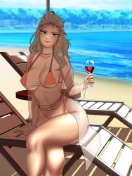 Rule 34 | 1girl, abs, absurdres, alcohol, beach, beads, belly chain, bikini, blonde hair, blue eyes, breasts, creatures (company), cup, drinking, drinking glass, game freak, highres, jewelry, large breasts, looking at viewer, melkcoffee, nintendo, pokemon, pokemon sv, sada (pokemon), self-upload, simple background, smile, solo, swimsuit, wine, wine glass