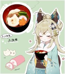 Rule 34 | 1girl, :3, ahoge, aqua kimono, bell, blunt bangs, blush, bowl, brown hair, brown sash, carrot, carrot slice, closed eyes, closed mouth, commentary request, double-parted bangs, floral print, flower (symbol), food, fur-trimmed kimono, fur trim, genshin impact, green background, green ribbon, hair bell, hair intakes, hair ornament, hair ribbon, hands up, highres, holding, holding bowl, japanese clothes, jingle bell, kamaboko, kimono, kirara (genshin impact), kirara (post office) (genshin impact), long hair, long sleeves, mochi, nirako mona, notice lines, obi, obiage, obijime, official alternate costume, outline, paw print, ribbon, sakuramon, sash, shide, sidelocks, simple background, smile, solo, steam, translation request, u u, white outline, wide sleeves, x hair ornament, zouni soup