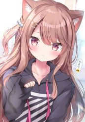 Rule 34 | 1girl, :t, animal ear fluff, animal ears, black hoodie, blush, bow, brown eyes, brown hair, cat ears, closed mouth, commentary request, drawstring, emoji, emoticon, hair between eyes, hair bow, hair ornament, hairclip, hand up, highres, hood, hood down, hoodie, long hair, long sleeves, looking at viewer, masayo (gin no ame), one side up, original, paw pose, pleading face emoji, pout, sleeves past wrists, solo, translation request, upper body, very long hair, wavy mouth