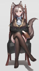 Rule 34 | 1girl, absurdres, animal ears, arknights, black jacket, black thighhighs, blush, book, breasts, brown hair, chair, chun bae, commentary request, crossed legs, grey background, highres, holding, holding book, jacket, large breasts, looking at viewer, no shoes, off shoulder, penance (arknights), short hair, simple background, sitting, solo, tail, thighhighs, wolf ears, wolf tail, yellow eyes