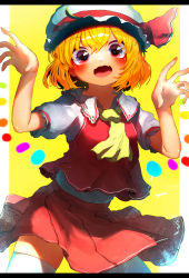 Rule 34 | 1girl, :d, absurdres, ascot, blonde hair, cowboy shot, fangs, flandre scarlet, hands up, hat, hat ornament, highres, huge filesize, looking at viewer, medium hair, niwarhythm, open mouth, pleated skirt, red eyes, red skirt, red vest, sanpaku, shirt, skin fangs, skirt, smile, solo, standing, thighhighs, touhou, vest, white hat, white shirt, white thighhighs, yellow ascot