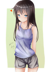 Rule 34 | 1girl, asashio (kancolle), bare arms, bare shoulders, black hair, black shorts, blue eyes, blush, closed mouth, commentary request, dakkusu, dated, green background, heart, highres, kantai collection, long hair, looking at viewer, short shorts, shorts, signature, smile, solo, two-tone background, very long hair, white background