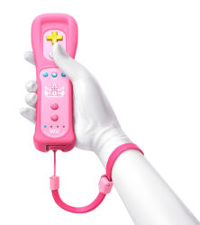 Rule 34 | 1girl, 3d, controller, game controller, gloves, highres, mario (series), nintendo, princess peach, promotional art, remote control, simple background, super mario bros. 1, wii remote, wrist strap