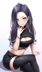 Rule 34 | 1girl, absurdres, ahoge, black nails, black shirt, black shorts, black thighhighs, blue hair, breasts, cleavage, cleavage cutout, clothing cutout, colored inner hair, highres, hirome99, kson, kson (5th costume), large breasts, looking at viewer, mole, mole under eye, multicolored hair, nail polish, purple hair, shirt, shorts, sleeveless, sleeveless shirt, smile, solo, thighhighs, virtual youtuber, vshojo