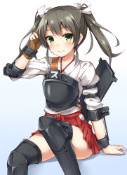 Rule 34 | 10s, 1girl, black hair, gradient background, green eyes, hair ribbon, highres, japanese clothes, kantai collection, long hair, muneate, ribbon, sitting, smile, solo, suna (pixiv), suna (transports), thighhighs, twintails, zuikaku (kancolle)