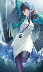 Rule 34 | 1girl, absurdres, aqua hair, arms up, black hair, black necktie, black pantyhose, blue eyes, blue hair, blunt bangs, blush, breasts, coat, collared dress, cropped jacket, dress, gradient hair, green jacket, highres, jacket, leg up, long hair, long sleeves, looking at viewer, mahouka koukou no rettousei, medium breasts, mobu (wddtfy61), multicolored hair, necktie, open clothes, open coat, open jacket, outdoors, pantyhose, parted lips, rain, see-through, shiba miyuki, sidelocks, snowflake print, solo, standing, standing on one leg, straight hair, very long hair, white dress