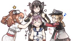 Rule 34 | &gt;;d, 10s, 4girls, :d, ;d, ^ ^, ahoge, anchor hair ornament, black hair, blue eyes, breast pocket, brown hair, closed eyes, commentary request, funnels (gundam), gloves, hair ornament, hat, headgear, headpat, kantai collection, light brown hair, long hair, multiple girls, nagato (kancolle), neckerchief, one eye closed, open mouth, operation crossroads, orange eyes, peaked cap, pleated skirt, pocket, ponytail, prinz eugen (kancolle), red neckerchief, sakawa (kancolle), saratoga (kancolle), scarf, school uniform, serafuku, short hair, skirt, smile, smokestack, tanaka kusao, translation request, twintails, v-shaped eyebrows, white gloves