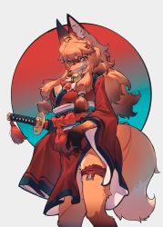 Rule 34 | 1girl, absurdres, animal ears, animal nose, bell, breasts, ear piercing, earrings, fox ears, fox tail, furry, furry female, hair ornament, hairpin, highres, japanese clothes, jewelry, katana, kimono, kunoichi, leg strap, long hair, looking at viewer, medium breasts, muzzle, orange hair, piercing, red eyes, shiiorina, snout, sword, tail, thick eyebrows, very long hair, weapon