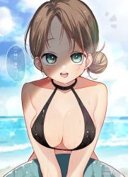 Rule 34 | 1girl, :d, bad id, bad pixiv id, bikini, black bikini, black choker, blurry, blurry background, blush, breasts, brown hair, choker, cleavage, collarbone, commentary request, day, depth of field, green eyes, hair bun, highres, horizon, innertube, looking at viewer, medium breasts, notice lines, ocean, open mouth, original, outdoors, parted bangs, round teeth, side bun, signature, single hair bun, single side bun, smile, sofra, solo, swim ring, swimsuit, teeth, translated, twitter username, upper body, upper teeth only, v arms, water, wet