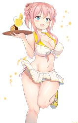 Rule 34 | 1girl, absurdres, aymusk, blush, breasts, cleavage, commentary request, double bun, drink, glass, highres, medium breasts, navel, open mouth, original, pink hair, short hair, side-tie peek, skirt, solo, standing, standing on one leg, white background, white skirt