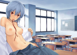 Rule 34 | 00s, 1girl, ayanami rei, blue eyes, blue hair, breasts, breasts apart, classroom, evangelion: 2.0 you can (not) advance, homunculus (alchemynote), indoors, lips, matching hair/eyes, mouth hold, neon genesis evangelion, nipples, no bra, open clothes, open shirt, rebuild of evangelion, red eyes, school, school uniform, shirt, short hair, solo, unzipped