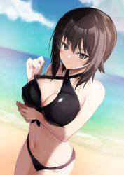 Rule 34 | 1girl, absurdres, alternate costume, bare shoulders, beach, bikini, black bikini, blush, breasts, brown eyes, brown hair, chinese commentary, cleavage, commentary request, girls und panzer, hair between eyes, highres, large breasts, lazurite (user 8870367), looking at viewer, midriff, mixed-language commentary, navel, nishizumi maho, short hair, smile, solo, swimsuit