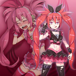 Rule 34 | 10s, 1girl, alternate costume, black gloves, black thighhighs, bow, choker, corruption, cure melody, dark persona, frills, gloves, houjou hibiki, jewelry, kuroshin, long hair, magical girl, pink bow, pink eyes, precure, red hair, smile, solo, suite precure, thighhighs