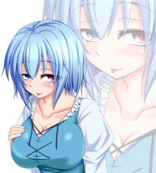 Rule 34 | 1girl, :p, blue eyes, blue hair, blush, breasts, cleavage, collarbone, female focus, hand on breast, heterochromia, highres, large breasts, long sleeves, matching hair/eyes, naughty face, parmiria, red eyes, short hair, simple background, solo, tatara kogasa, tongue, tongue out, touhou, white background, zoom layer