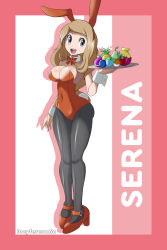 Rule 34 | 1girl, absurdres, animal ears, artist name, bare shoulders, berry, black pantyhose, blonde hair, border, bow, bowtie, breasts, character name, cleavage, covered navel, creatures (company), detached collar, drop shadow, fake animal ears, female focus, food, fruit, full body, game freak, grey eyes, hair tie, hand up, happy, high heels, highres, holding, large breasts, leotard, long hair, looking to the side, lucyfer, nintendo, open mouth, pantyhose, pink border, playboy bunny, pokemon, pokemon xy, rabbit ears, rabbit tail, red bow, red bowtie, red footwear, red leotard, serena (pokemon), shiny clothes, shiny skin, shoes, simple background, smile, solo, standing, strapless, strapless leotard, tail, teeth, tray, two-tone background, waitress, watermark, white background, wrist cuffs