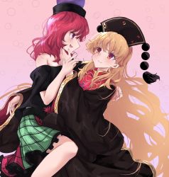 Rule 34 | 2girls, bare shoulders, black dress, blonde hair, blue background, blush, breasts, clothes writing, commentary request, dress, fingernails, frilled skirt, frills, gold trim, hair between eyes, hand on another&#039;s face, hecatia lapislazuli, highres, junko (touhou), long hair, long sleeves, looking at another, looking at viewer, medium breasts, multicolored clothes, multicolored skirt, multiple girls, neold, off-shoulder shirt, off shoulder, phoenix crown, pink background, red eyes, red hair, ribbon, shirt, sidelocks, skirt, smile, t-shirt, tabard, tassel, touhou, underworld (ornament), wide sleeves, yuri