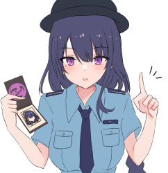 Rule 34 | 1girl, black hat, blue necktie, blue shirt, braid, breasts, check commentary, collared shirt, commentary request, genshin impact, hair between eyes, hands up, hat, kinona, long hair, medium breasts, necktie, pointing, pointing at viewer, police, police badge, police uniform, policewoman, purple eyes, purple hair, raiden shogun, shirt, short sleeves, single braid, solo, uniform, upper body, very long hair