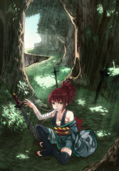 Rule 34 | 1girl, bad id, bad pixiv id, bandages, barefoot, breasts, cleavage, feet, forest, hair up, hase neet, japanese clothes, kimono, light rays, mouth hold, nature, original, red hair, solo, sunbeam, sunlight, sword, thighhighs, toeless legwear, toes, weapon