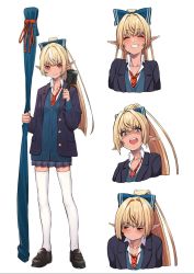 Rule 34 | 1girl, black footwear, blazer, blonde hair, bow, closed eyes, dark-skinned female, dark elf, dark skin, document tube, elf, full body, grin, hair bow, highres, hololive, jacket, long hair, long sleeves, looking at viewer, mikan (chipstar182), multiple views, necktie, open clothes, open jacket, pleated skirt, pointy ears, ponytail, red eyes, red neckwear, school uniform, shaded face, shiranui flare, simple background, skindentation, skirt, smile, standing, thighhighs, upper body, virtual youtuber, weapon bag, white background, white thighhighs, zettai ryouiki