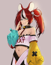 Rule 34 | 1girl, absurdres, animal ear fluff, animal ears, asymmetrical sleeves, bare shoulders, black collar, black hair, collar, commentary request, crop top, dice hair ornament, fieryonion, hair between eyes, hair ornament, hakos baelz, highres, hololive, hololive english, layered sleeves, long hair, long sleeves, midriff, mismatched sleeves, mouse ears, multicolored hair, navel, parted lips, puffy long sleeves, puffy sleeves, red hair, short over long sleeves, short sleeves, simple background, smile, solo, spiked collar, spikes, streaked hair, twintails, upper body, virtual youtuber, white hair