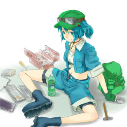 Rule 34 | 1girl, arm support, backpack, bad id, bad pixiv id, bag, blue eyes, blue hair, boots, crop top, dango ya, female focus, goggles, hair bobbles, hair ornament, hammer, kawashiro nitori, key, mallet, matching hair/eyes, midriff, navel, open fly, pepsi, pepsi ice cucumber, product placement, screwdriver, short hair, shorts, sleeves rolled up, smile, solo, toolbox, tools, touhou, twintails, two side up, unzipped, wrench