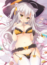 Rule 34 | 1girl, ahoge, animal ear fluff, animal ears, bare shoulders, bed sheet, black hat, black panties, blush, bow, bow panties, bra, breasts, cameltoe, candy, cat ears, cat tail, cowboy shot, detached collar, food, frilled bra, frills, garter belt, hair ornament, hair ribbon, hairclip, hands on own chest, hat, large breasts, long hair, navel, one side up, original, panties, parted lips, picpicgram, red ribbon, ribbon, scrunchie, solo, stomach, string panties, stuffed unicorn, tail, thighhighs, underwear, underwear only, white hair, white thighhighs, witch hat, wrist scrunchie, x hair ornament, yellow bra, yellow eyes, yellow ribbon