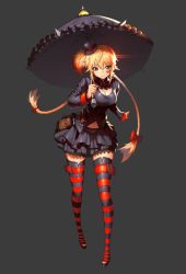 Rule 34 | 1girl, [saw], black footwear, black shirt, black skirt, blonde hair, bow, braid, breasts, brown eyes, buckle, cleavage, collar, facial mark, frilled collar, frills, full body, gothic lolita, grey background, hair bow, hat, heart, holding, holding umbrella, leaning forward, lolita fashion, long sleeves, looking at viewer, mini hat, mini top hat, miniskirt, navel, original, parasol, pleated skirt, pouch, red bow, shirt, shoes, short ponytail, side ponytail, simple background, skirt, smile, solo, standing, striped clothes, striped thighhighs, thighhighs, toeless legwear, toes, top hat, twin braids, umbrella, zettai ryouiki