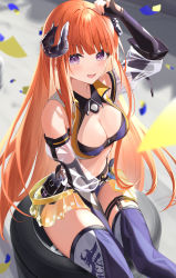 Rule 34 | 1girl, :d, arknights, arm up, bagpipe (arknights), bagpipe (queen no. 1) (arknights), bare shoulders, blue thighhighs, breasts, cleavage, confetti, crop top, feet out of frame, highres, horns, large breasts, long hair, looking at viewer, midriff, nokke o, official alternate costume, open mouth, orange hair, pouch, purple eyes, sitting, smile, solo, stomach, thighhighs, thighs, tire, very long hair
