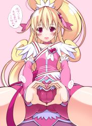 Rule 34 | 1girl, :d, aida mana, bike shorts, blonde hair, blush, brooch, cameltoe, cure heart, detached sleeves, dokidoki! precure, foreshortening, heart, heart brooch, heart hands, heart in mouth, highres, long hair, long sleeves, looking at viewer, ohta yuichi, open mouth, pink background, ponytail, precure, simple background, smile, solo, translation request, very long hair