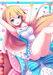 Rule 34 | 1girl, :d, ahoge, arm behind head, armpits, arms up, ass, bare legs, blonde hair, blue bow, blue dress, blue eyes, blush, bow, braid, breasts, chung seiker, cleavage, collarbone, dress, elsword, euforia, genderswap, genderswap (mtf), hair bow, jewelry, legs, long hair, multicolored clothes, multicolored dress, necklace, open mouth, panties, pantyshot, pink bow, simple background, single braid, sitting, sleeveless, sleeveless dress, smile, solo, spaghetti strap, underwear, very long hair, white dress, white panties