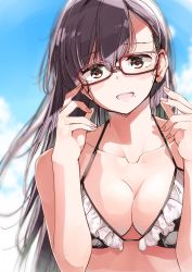 Rule 34 | 1girl, :d, bikini, black bikini, blue sky, breasts, brown hair, cleavage, cloud, collarbone, commentary request, day, frilled bikini, frills, hair between eyes, halterneck, highres, looking at viewer, medium breasts, nyoijizai, open mouth, original, outdoors, red-framed eyewear, sky, smile, solo, swimsuit, upper body