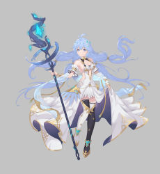 Rule 34 | 1girl, absurdly long hair, absurdres, ahoge, armor, blue eyes, blue hair, breasts, cleavage, closed mouth, flower, full body, grey background, hair flower, hair ornament, highres, holding, holding staff, hongse beiyu, large breasts, long hair, looking at viewer, original, simple background, skirt, smile, solo, staff, thighhighs, very long hair, white skirt