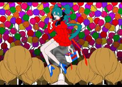 Rule 34 | 1girl, aqua eyes, aqua hair, black ribbon, blue footwear, box, candy, colored mouth, disembodied eye, dress, eating, eiku, food, hair ornament, hatsune miku, high heels, highres, letterboxed, lollipop, long hair, long legs, looking at viewer, psi (vocaloid), red dress, ribbon, vocaloid, wrapped candy