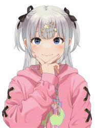 Rule 34 | 1girl, blue eyes, blush, closed mouth, eyebrows hidden by hair, grey hair, hair ornament, hairclip, hand up, hood, hood down, hoodie, long hair, long sleeves, mattaku mousuke, nail polish, original, pink hoodie, pink nails, puffy long sleeves, puffy sleeves, simple background, smile, solo, star (symbol), star hair ornament, twitter username, two side up, upper body, watermark, white background