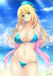 Rule 34 | 10s, 1girl, atago (kancolle), beach, beret, bikini, bikini under clothes, blonde hair, blush, breasts, green eyes, hat, highres, kantai collection, large breasts, long hair, smile, solo, swimsuit, swimsuit under clothes, the-sinner
