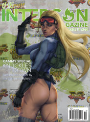 Rule 34 | 1girl, alternate costume, alternate hairstyle, ass, backpack, bag, blonde hair, cammy white, capcom, cover, cowboy shot, fingerless gloves, gloves, goggles, goggles on head, highres, leotard, long hair, looking back, magazine (object), magazine cover, muhammed ansar ali, realistic, solo, street fighter, street fighter v