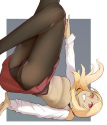 Rule 34 | 1girl, absurdres, black background, black border, black pantyhose, blonde hair, blue background, border, breasts, brown vest, dark-skinned female, dark skin, feet out of frame, forehead, from below, from side, gravity daze, highres, kitten (gravity daze), knees together feet apart, layered sleeves, legs, long hair, long sleeves, looking at viewer, lying, medium breasts, nickleflick, on back, open mouth, pantyhose, pleated skirt, red eyes, red skirt, school uniform, shirt, short over long sleeves, short sleeves, sidelocks, simple background, skirt, sleeve cuffs, smile, solo, teeth, upskirt, vest, white shirt