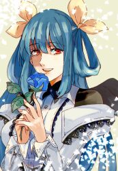 Rule 34 | 1girl, blue flower, blue hair, blue rose, breasts, detached sleeves, dizzy (guilty gear), flower, guilty gear, guilty gear xrd, hair between eyes, hair rings, highres, holding, holding flower, large breasts, long hair, looking at viewer, nishimoto, open mouth, red eyes, rose, shaded face, sidelocks, solo