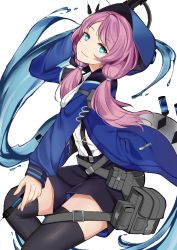 Rule 34 | 1girl, aqua eyes, arknights, bag, belt, belt pouch, black shorts, black thighhighs, blue jacket, blue poison (arknights), blue poison (elite ii) (arknights), bow (weapon), breasts, chinese commentary, closed mouth, collared shirt, cowboy shot, crossbow, doc.chen, hood, hooded jacket, jacket, light smile, long hair, long sleeves, looking at viewer, medium breasts, needle, open clothes, open jacket, pink hair, pouch, satchel, shirt, short shorts, shorts, simple background, smile, solo, suspender shorts, suspenders, syringe, thighhighs, thighs, twintails, water, weapon, white background, white shirt, zettai ryouiki
