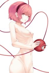 Rule 34 | 1girl, breasts, eyeball, hairband, komeiji satori, looking at viewer, mikoma sanagi, navel, nipples, nude, out-of-frame censoring, pink eyes, pink hair, ribs, simple background, small breasts, solo, third eye, touhou, white background
