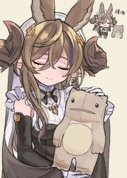 Rule 34 | 1girl, animal ears, brown background, brown hair, chibi, chibi inset, closed eyes, closed mouth, detached sleeves, dress, eno (preno gb), galleon (granblue fantasy), gloves, granblue fantasy, horns, looking at viewer, maid headdress, multicolored hair, neck ribbon, ribbon, simple background, sleeveless, sleeveless dress, smile, solo, streaked hair, stuffed animal, stuffed toy, upper body, white gloves