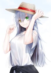 Rule 34 | 1girl, breasts, clothes around waist, cloud, commentary request, eyes visible through hair, fingernails, green eyes, hair between eyes, hands up, hat, heterochromia, highres, long hair, looking at viewer, messy hair, original, shiny skin, shirt, short sleeves, sidelocks, silver hair, sky, small breasts, smile, solo, sun hat, sunlight, upper body, waka (shark waka), white shirt, yellow eyes