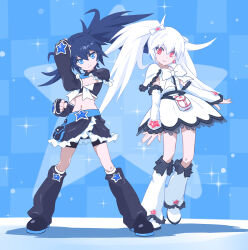 Rule 34 | 2girls, 32zzz, black footwear, black hair, black rock shooter, black rock shooter (character), black shirt, black shorts, black skirt, blue background, blue eyes, commentary request, cosplay, cropped shirt, cure black, cure black (cosplay), cure white, cure white (cosplay), dress, highres, long hair, magical girl, midriff, multiple girls, navel, precure, red eyes, shirt, shorts, skirt, star (symbol), twintails, white dress, white footwear, white hair, white rock shooter