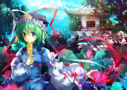 Rule 34 | 1girl, architecture, bad id, bad pixiv id, blouse, blue eyes, blue hat, blue shirt, blurry, breasts, closed mouth, cloud, crown, day, depth of field, dress shirt, east asian architecture, female focus, field, flower, flower field, flower request, green hair, hair between eyes, hat, hat ribbon, high collar, leaf, lilithbloody, long sleeves, looking at viewer, lotus, nature, petals, puffy long sleeves, puffy sleeves, red ribbon, ribbon, ribbon-trimmed skirt, ribbon trim, rod of remorse, shiki eiki, shirt, short hair, sky, small breasts, solo, stairs, temple, touhou, tree, white ribbon, white shirt