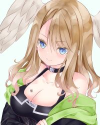 Rule 34 | 1girl, bare shoulders, black camisole, black choker, black jacket, blue eyes, blush, breasts, brown hair, camisole, choker, cleavage, closed mouth, collarbone, eunie (xenoblade), feathered wings, green background, grey wings, hair between eyes, head wings, highres, hood, hood down, hooded jacket, jacket, long hair, looking at viewer, medium breasts, nanase nao, off shoulder, open clothes, open jacket, simple background, smile, solo, wings, xenoblade chronicles (series), xenoblade chronicles 3