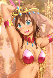 Rule 34 | 10s, 1girl, amy (suisei no gargantia), arabian clothes, armlet, armpits, bad id, bad pixiv id, bikini, blue eyes, braid, brown hair, dancer, jewelry, kanden sky, lots of jewelry, md5 mismatch, open mouth, pink bikini, short hair, solo, suisei no gargantia, sweat, swimsuit, twin braids