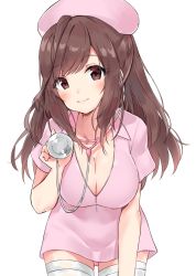 Rule 34 | 1girl, blush, breasts, brown eyes, brown hair, cleavage, closed mouth, collarbone, commentary request, cowboy shot, dress, hand up, hat, head tilt, highres, holding, idolmaster, idolmaster shiny colors, large breasts, leaning forward, long hair, looking at viewer, minikon, nurse, nurse cap, pink dress, pink hat, short sleeves, sidelocks, simple background, smile, solo, standing, stethoscope, thighhighs, tsukioka kogane, white background, white thighhighs, wing collar
